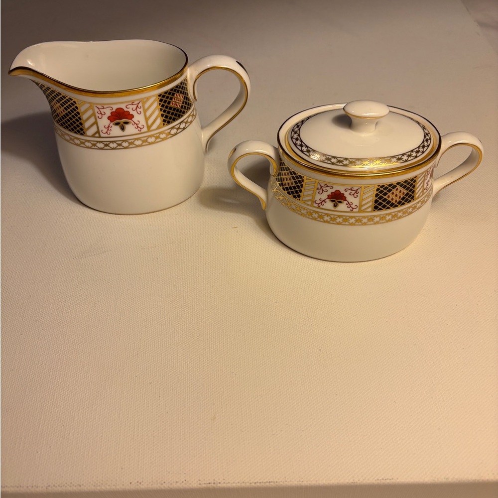 Royal Crown Derby “Derby Border” Elegant Cream and Sugar Set with Gold Accents